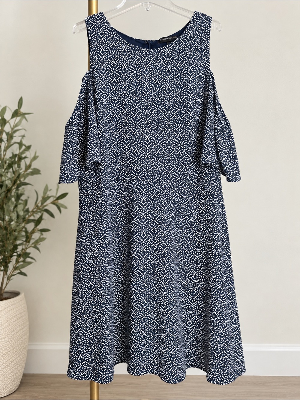 Banana Republic Navy Abstract Floral Cold Shoulder A-Line Dress 14